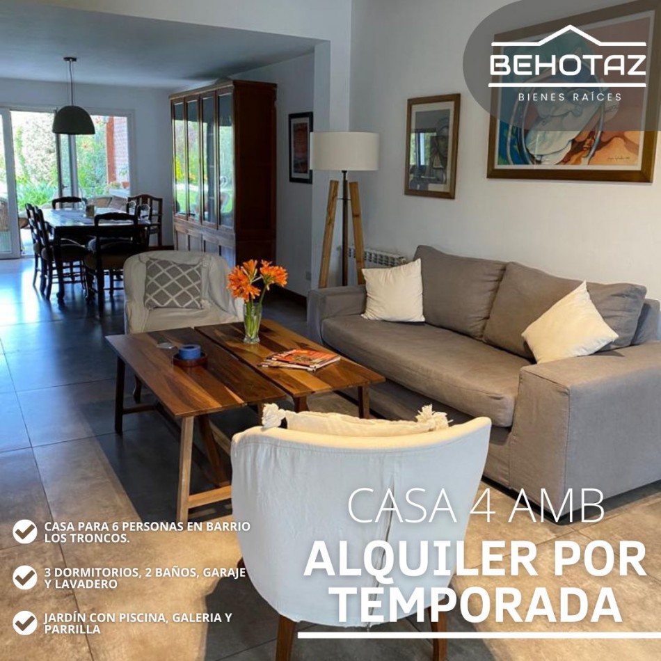 ()Moderna casa cuatro ambientes en alquiler temporario. zona Los Troncos. Mar del Plata 