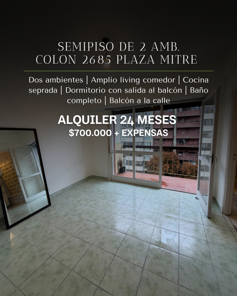 SEMIPISO DE DOS AMBIENTES EN ALQUILER 24 MESES. PLAZA MITRE. MAR DE PLATA 